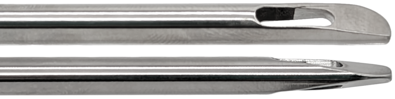 Close-up image of two Cobra Cannulas, Large Handle, Straight, 26cm, 4mm positioned horizontally. The cannulas appear reflective and metallic, showcasing their polished finish. The needle eyes are visible, with the top needle having a traditionally shaped eye and the bottom one boasting a unique design for an excellent grip.