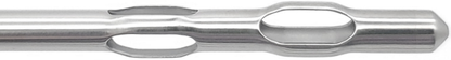 A close-up view of a metallic rod with multiple oval-shaped cutouts and grooves along its length. The shiny, polished finish reflects light beautifully. This Double Basket Cannula, MicroAire®-Type Power Hub, Straight is designed for durability and can be reused repeatedly without compromising quality.