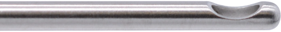 A close-up image of a metal cylindrical object, likely stainless steel, with a notched groove along its length. The groove is semi-circular, and the metal surface appears smooth and reflective. The notched area creates a concave shape at the end of the cylinder, resembling the Fat Injection Cannula Type I, Luer Lock, Concave Curved.