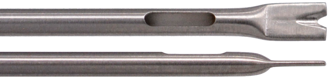 Close-up image of two stainless steel medical instruments. The top instrument features a Hollow Mortised tip and central groove, while the bottom instrument is pointed with a similar finish. Both tools are aligned horizontally against a white background, resembling precision components for the Toledo &quot;V&quot; Fat Injection Cannula, Luer Lock, Straight.