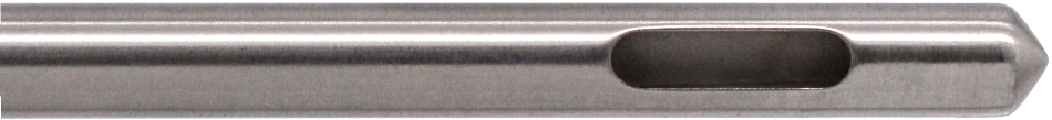 Close-up of a metal cylindrical object with an elongated oval opening near one end. The end tapers to a rounded point. The lightweight handle features a comfortable thumb imprint, and the metal surface appears smooth and polished, ensuring an excellent grip, consistent with the Standard Cannula, Large Handle, Straight.