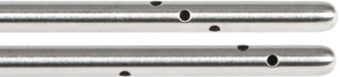 Close-up view of two Tumescent Infiltration Cannulas, Luer Lock, Straight placed parallel to each other, each with several small circular holes drilled through them. The cannulas are smooth and reflective, and their ends are rounded.