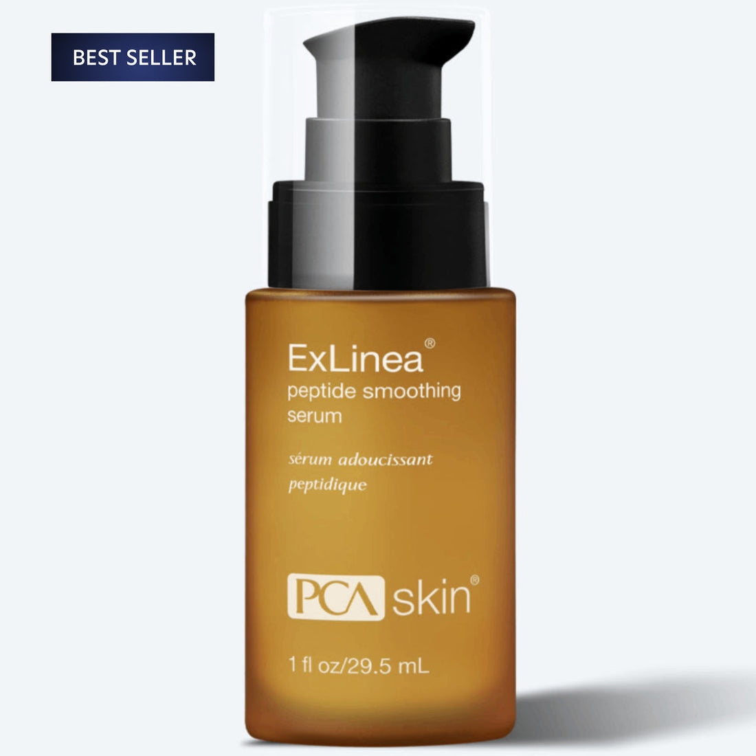 A brown bottle of Exlinea Peptide Smoothing Serum by PCA Skin comes with a black pump dispenser and a clear cap. It is specifically designed to combat smile lines, featuring the product name and size (1 fl oz/29.5 mL) on the label. A &quot;Best Seller&quot; tag in the top left corner emphasizes its anti-aging benefits.