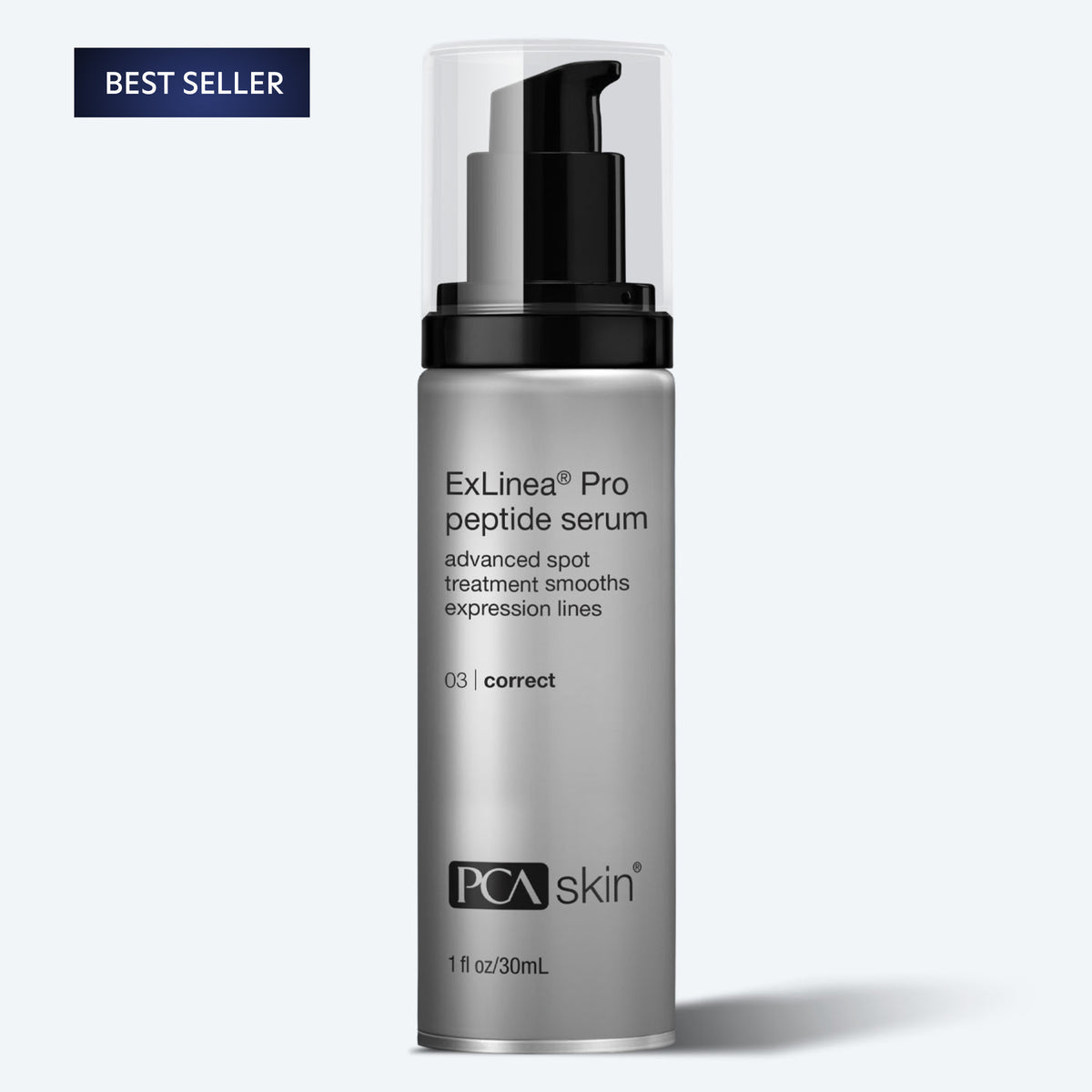 A 1 oz silver bottle of ExLinea Pro from PCA Skin, featuring a black pump dispenser and clear cap. This &quot;Best Seller&quot; product includes the Peptide-Pro Complex to smooth expression lines and is part of the brand&