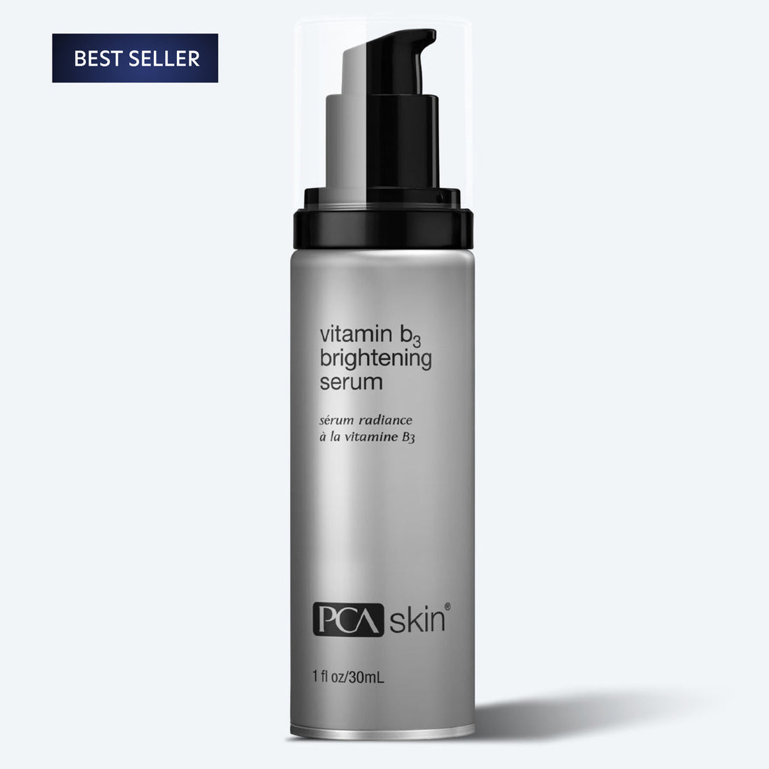 A silver bottle of Vitamin B3 Brightening Serum 30ml with a black pump, labeled as a best seller, targets dark spots and uneven skin tone. The minimalist label features black and white text on a light gray background.