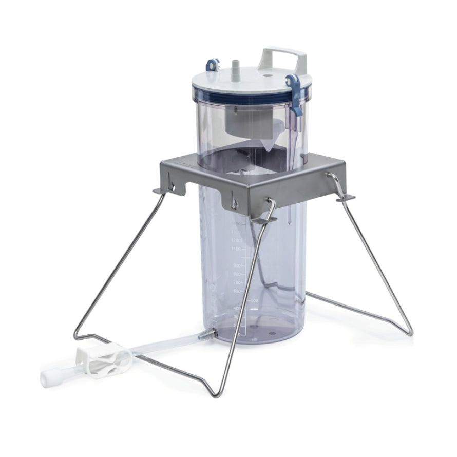 A Fat Collection Canister Kits - Autoclaveable, seated within a gray metal frame, features silicone suction tubing extending from the bottom. The frame has four angled support legs and a white handle attached to the top of the container.