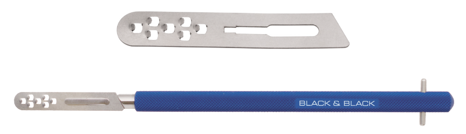 An image of a surgical scalpel with a detachable blade. The scalpel, often used in rhinoplasty procedures, has a blue handle with the words &quot;BLACK &amp; BLACK&quot; printed on it. The CartilagePlaner™ Rasp Blade, Sterile, 5/box with multiple small holes lies separately above the handle.