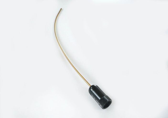 A Curved Spoon Tip Injector - SuperLuerLok™, with a thin, slightly curved metallic tube and a black plastic cap on one end, designed for precise control and efficiency, placed against a plain white background.