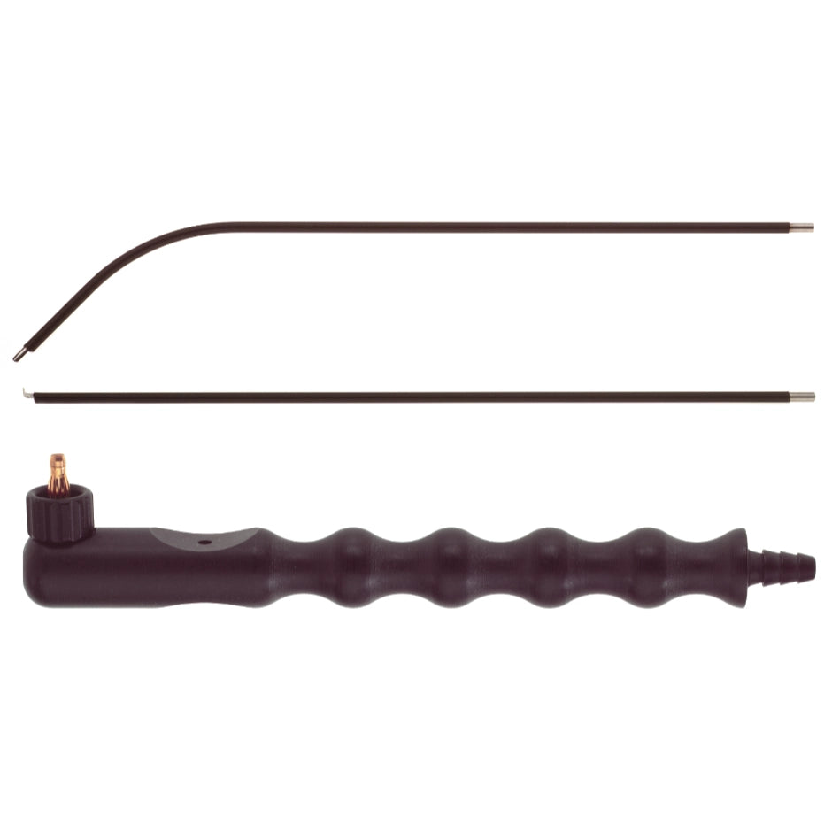 The image shows a set of B&amp;B E-P Electrosurgical Dissectors, 14-1/2″ (36.5cm), Curved on Straight. One item has a curved metal nozzle, while another is straight. Both are displayed alongside an electrode handle featuring a small round attachment at one end, likely for connecting components.