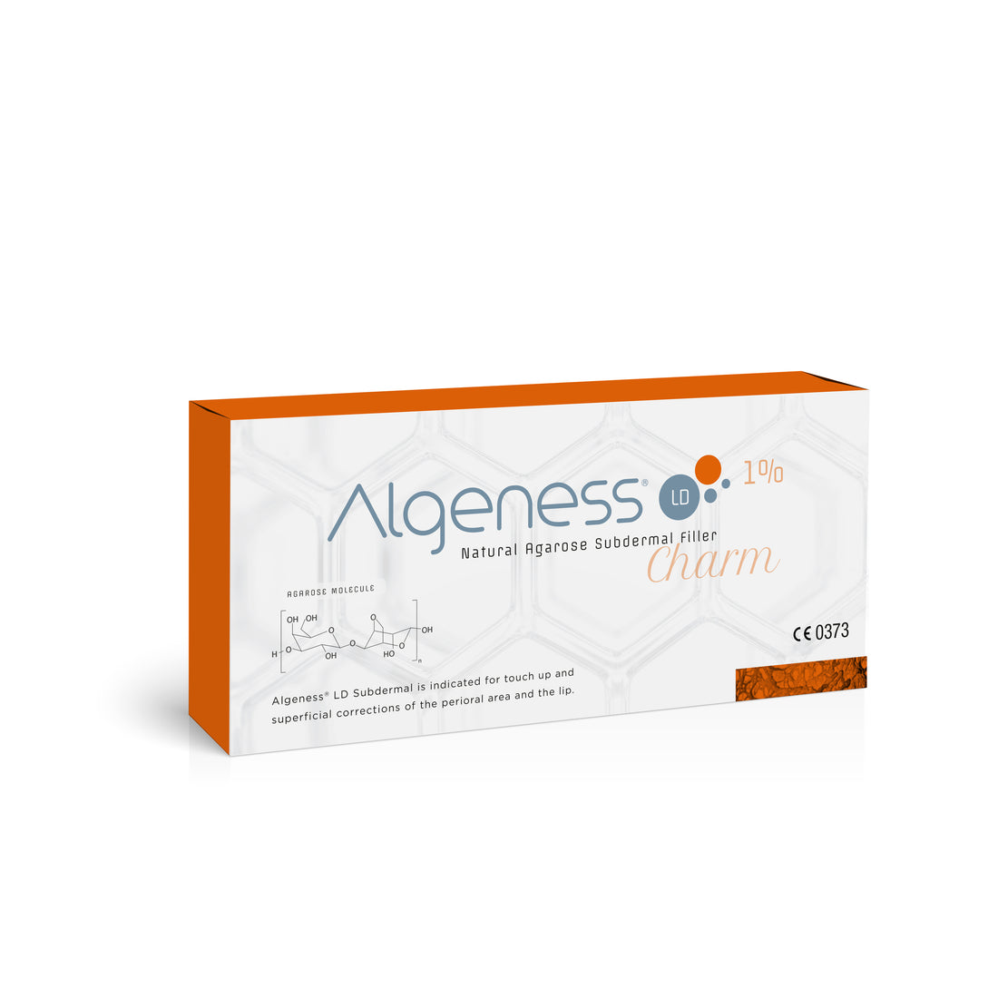 A white and orange box of Algeness LD - Algeness 1% Natural Agarose Subdermal Filler Charm. The front of the box prominently displays the brand name, product type, and 1% Agarose concentration against a hexagonal pattern background with an illustration of a molecular structure. Ideal for tear trough deformity correction.