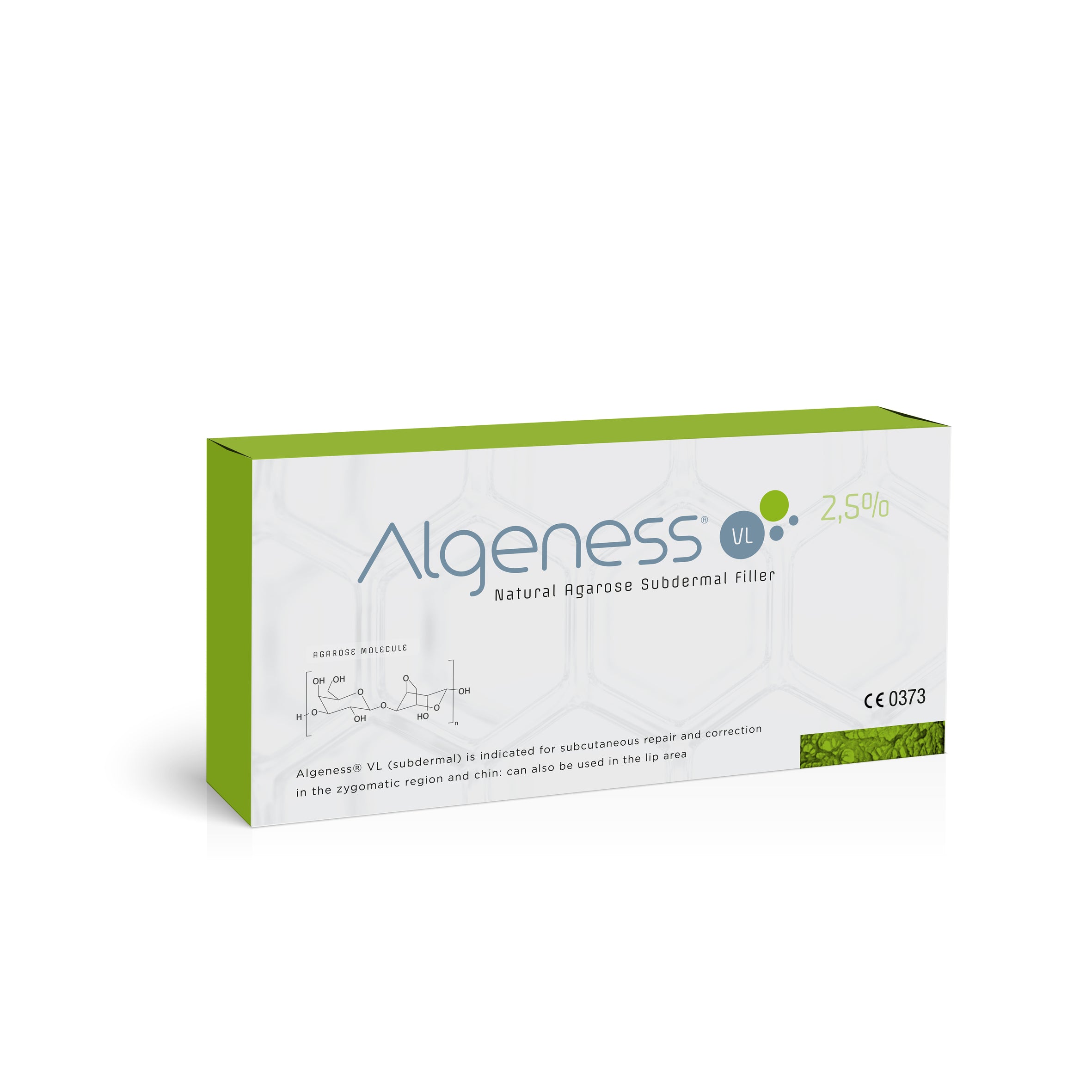 A box of Algeness VL - Algeness, featuring a white and green design, contains a natural agarose subdermal filler and displays product information such as &quot;2.5%&quot; and &quot;CE 0373.&quot; The text on the box indicates it is intended for deep wrinkles treatment, subcutaneous repair, and correction in the zygomatic region and chin.