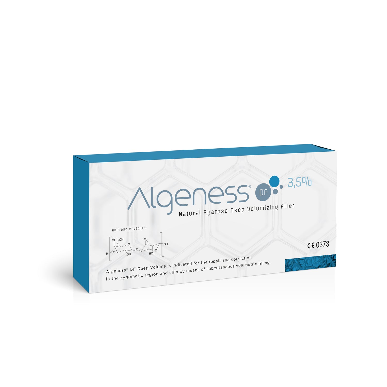 A box of Algeness DF - Algeness 3.5%, a natural agarose deep volumizing filler perfect for jawline enhancement. The package features a predominantly white design with blue accents and includes a hexagonal pattern in the background. The front showcases the branding, product name, and usage indications.