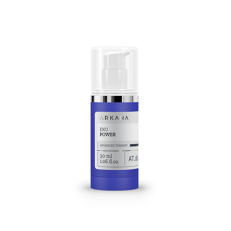 A blue and white pump bottle labeled "EXO Power 30 ml" stands upright against a plain white background.