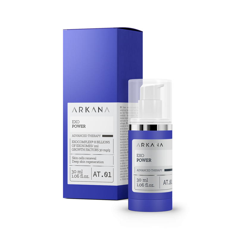 A blue and white cosmetic bottle labeled "EXO Power 30 ml" stands next to its matching box, featuring advanced therapy with exosomes and growth factors.