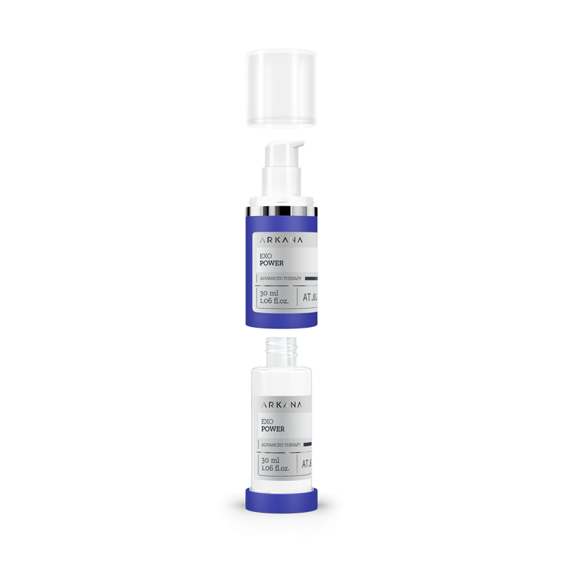 Two cylindrical bottles with blue and white labels are stacked vertically. The top bottle has a pump and clear cap, labeled "EXO Power 30 ml." These serums harness exosomes for advanced skincare.