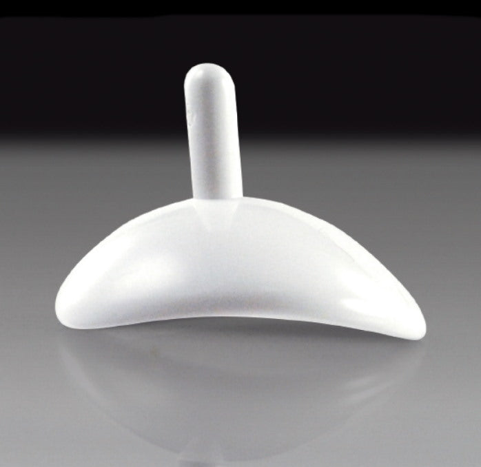 A white, crescent-shaped Autoclavable Eye Shield with Handle extending vertically from its center, set against a dark gradient background.