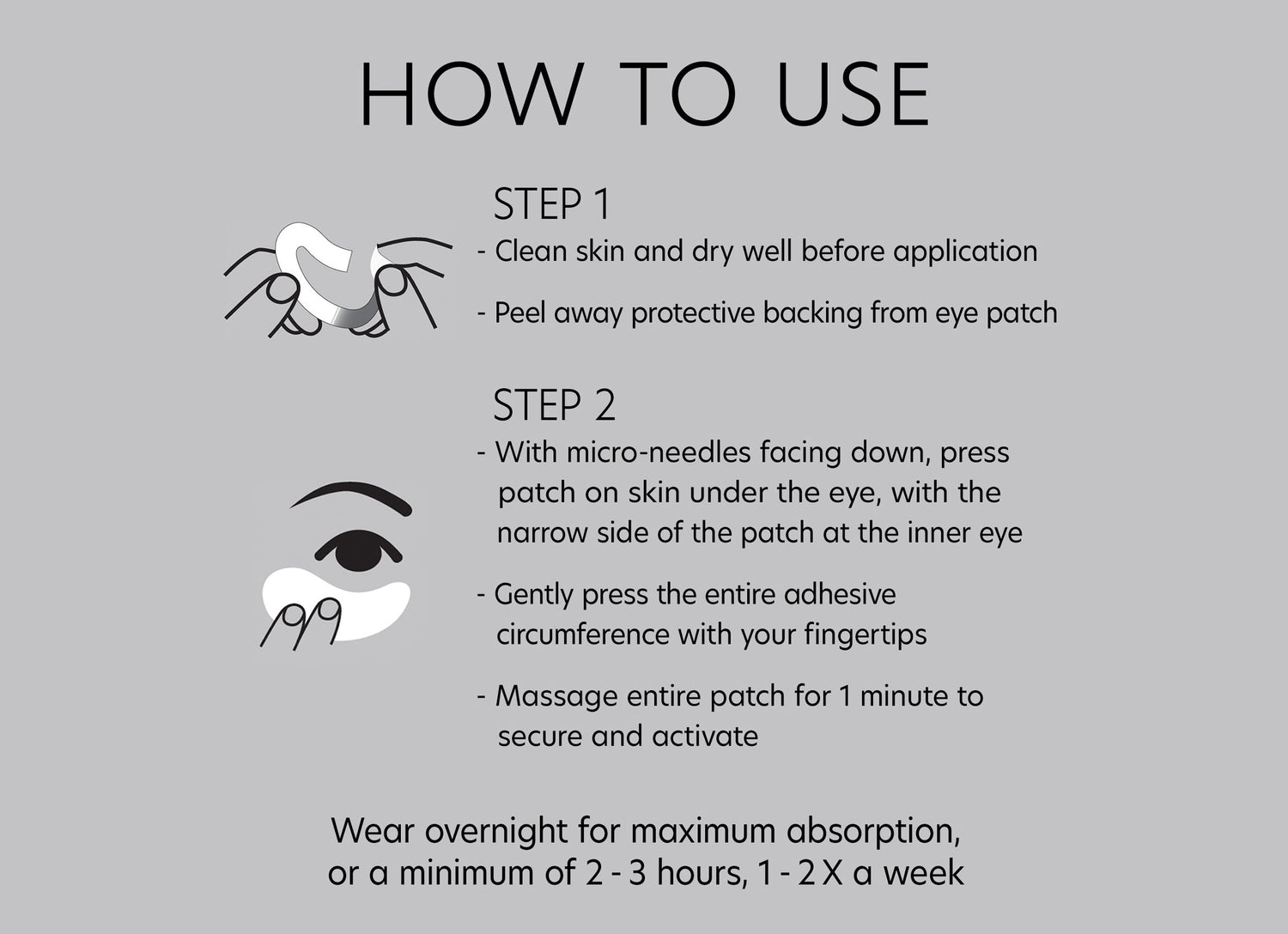 An instructional graphic on how to use Hyaluronic Acid Microneedle Eye Patches (4 sets). Step 1: Clean and dry your skin; peel the backing from the eye patch. Step 2: Press the patch under your eye with the narrow side at the inner eye, smoothing out the edges and massaging gently. Wear overnight or for 2-3 hours, 1-2 times a week for anti-aging benefits.