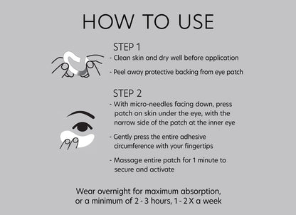 An instructional graphic on how to use Hyaluronic Acid Microneedle Eye Patches (4 sets). Step 1: Clean and dry your skin; peel the backing from the eye patch. Step 2: Press the patch under your eye with the narrow side at the inner eye, smoothing out the edges and massaging gently. Wear overnight or for 2-3 hours, 1-2 times a week for anti-aging benefits.