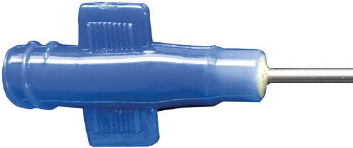 A close-up view of a Tumescent Infiltration Cannula, Disposable Luer Lock, Straight, 26cm, 14ga (2mm) with a blue plastic safety cover. The cover features grooves for grip, and the metal needle is partially visible extending from the right side.