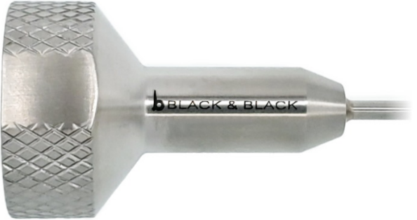 Close-up of a metallic handheld tool with a textured grip and a narrow shaft, resembling the precision of an Accelerator Cannula, Toomey Syringe Hub, Straight. The text "BLACK & BLACK" is printed along the shaft.
