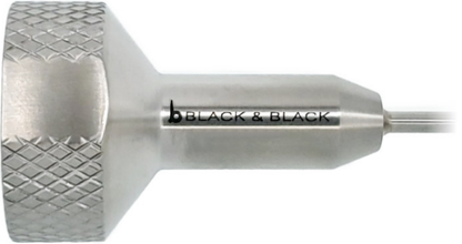 Close-up of a metallic handheld tool with a textured grip and a narrow shaft, resembling the precision of an Accelerator Cannula, Toomey Syringe Hub, Straight. The text &quot;BLACK &amp; BLACK&quot; is printed along the shaft.