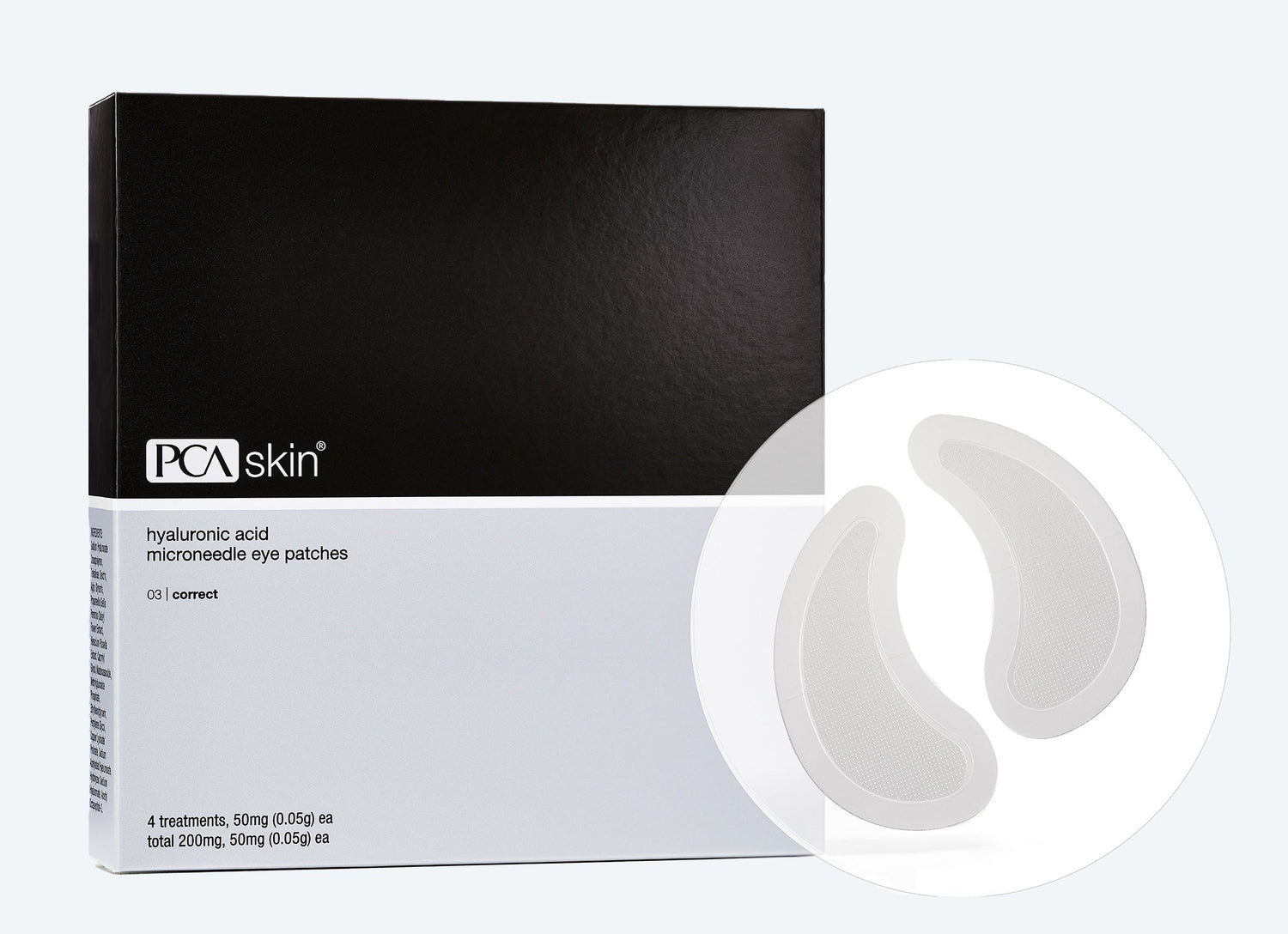 A box containing four sets of PCA Skin Hyaluronic Acid Microneedle Eye Patches. The packaging is primarily black with white text, featuring a circular close-up image of the crescent-shaped, white patches. These innovative eye patches offer significant anti-aging benefits for a youthful appearance.