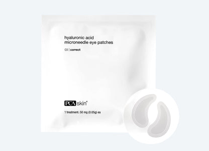 A white package labeled &quot;Hyaluronic Acid Microneedle Eye Patches&quot; with a small black &quot;PCA Skin&quot; logo at the bottom promises anti-aging benefits. The package contains 4 sets. Near the package, two white crescent-shaped eye patches are shown.