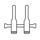 A simple line drawing showing two vertically aligned bottles with narrow necks, each having a wing-shaped handle on their sides, connected by a horizontal bar near the base of the necks resembles the Micro Approximator Clamp, 35mm (2.0-5.0mm).