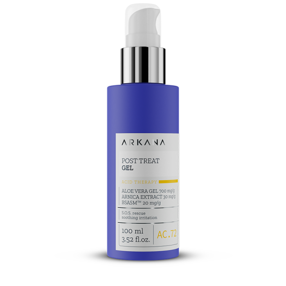 A blue bottle of Arkana Post Treat Gel 100 ml with a pump, silver-white cap, and yellow label featuring Aloe Vera Gel, Arnica Extract, BSASM, and the volume (100 ml / 3.52 fl. oz).