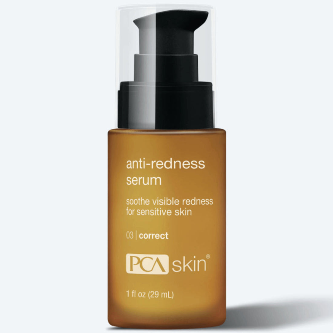 A brown bottle with a black pump top, labeled &quot;Anti-Redness Serum&quot; by PCA Skin. The label states, &quot;soothe visible redness for sensitive skin,&quot; and indicates the product volume as 1 fl oz (29 ml).